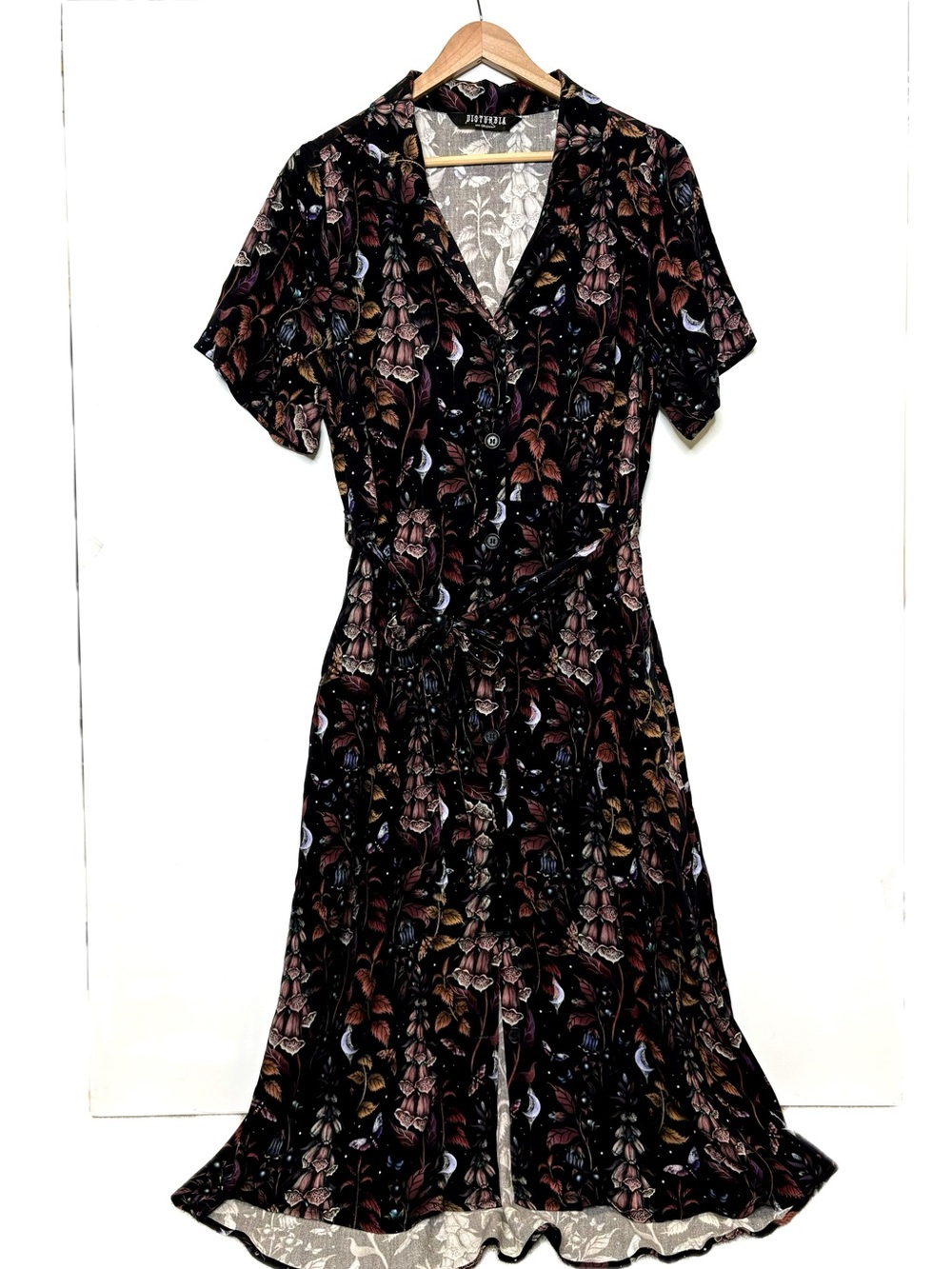 Disturbia Foxglove Midi Shirt Dress Size 8 Dark Floral Woodland Whimsical Print - Picture 2 of 14